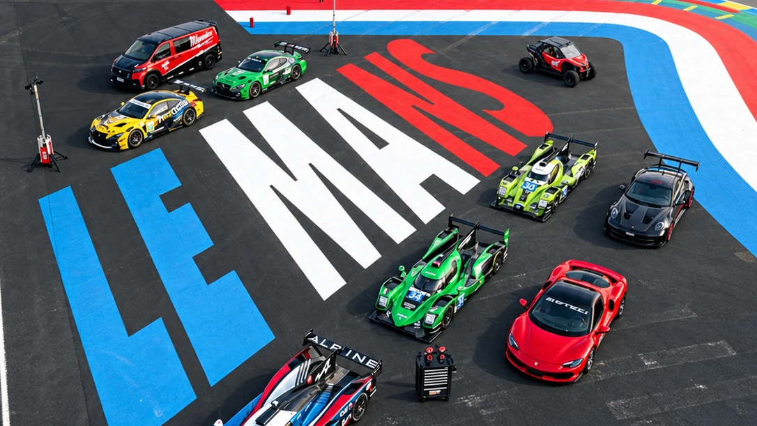 Vue aérienne du circuit des 24 Heures du Mans : le van Milwaukee et les voitures de course autour du lettrage géant LE MANS