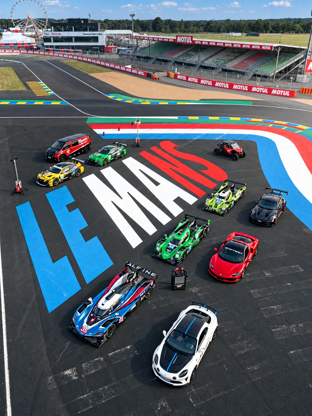 Le van Milwaukee et les voitures de course réunis sur le circuit du Mans