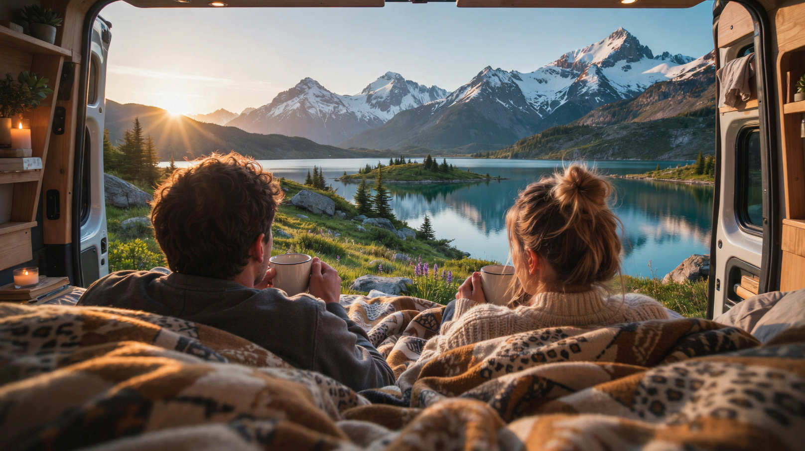 Réveil dans un van face à un lac et aux montagnes