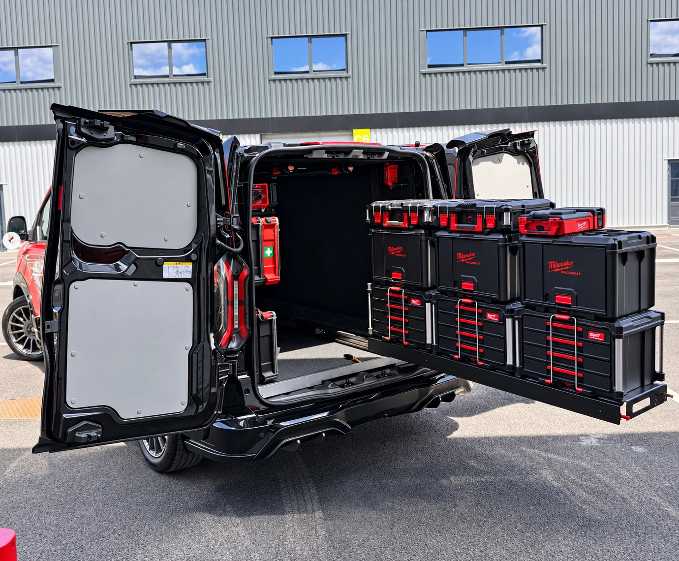 Utilitaire Milwaukee portes ouvertes, plateau coulissant sorti chargé de caisses PACKOUT