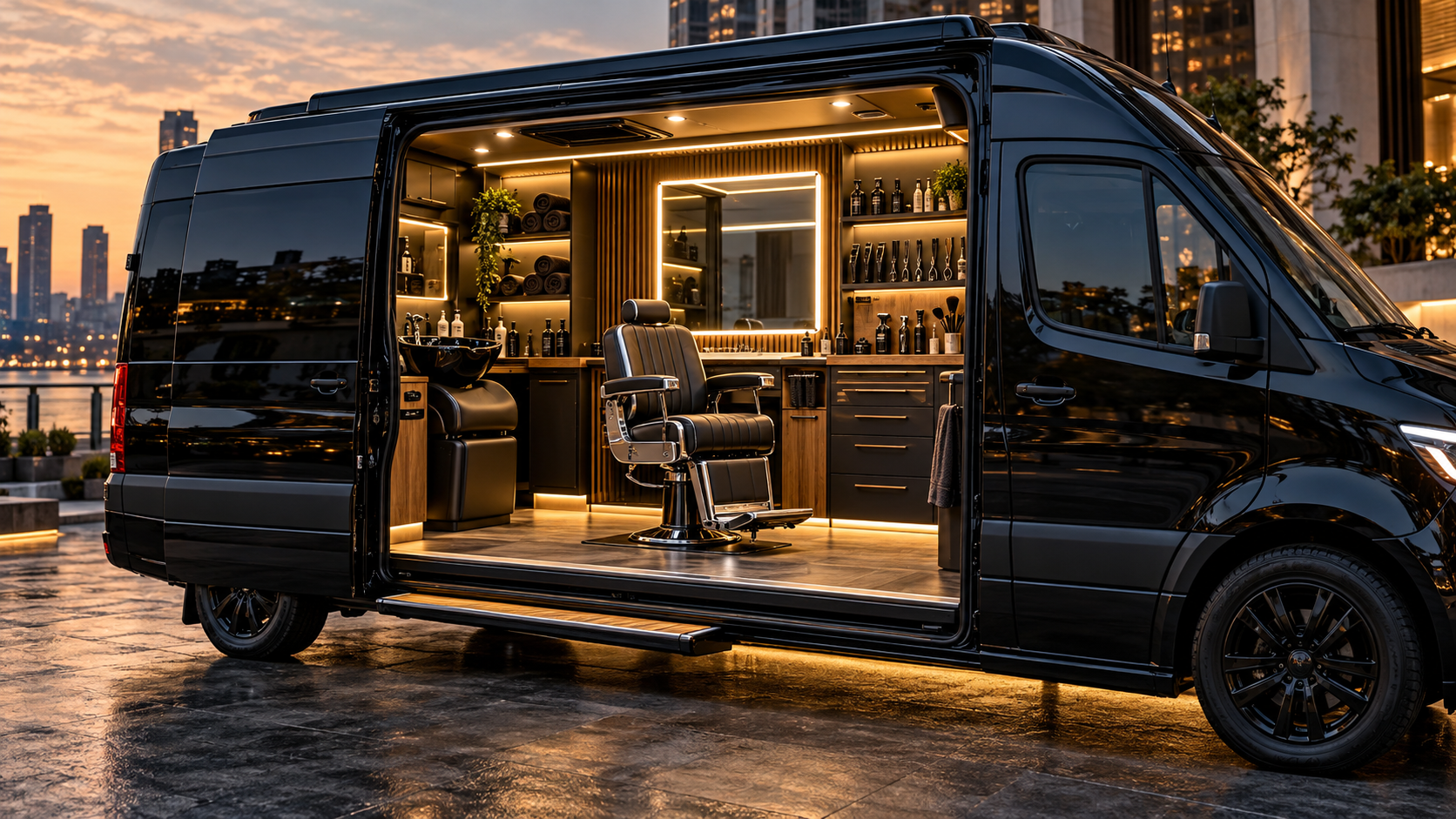 Véhicule-boutique noir aménagé en salon de barbier mobile, portes ouvertes